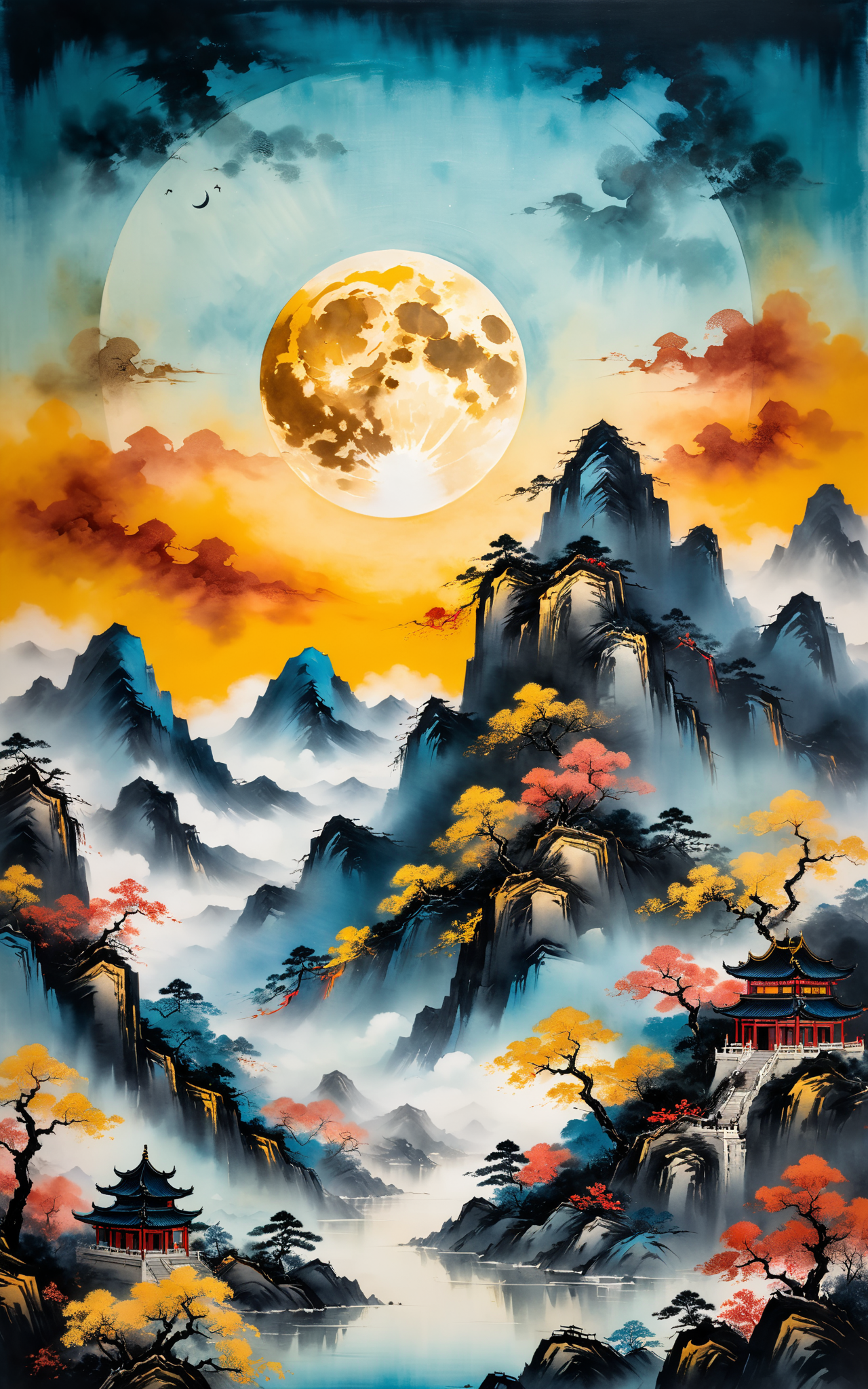 05569-1671169228-A Chinese style painting of a mountain with a moon in the sky, intricate and ornate Chinese ink style, impasto style, beautiful.png